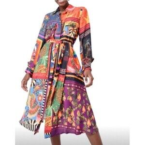 Farm Rio Multicolor Mixed Scarves Chemise Long Sleeve Midi Shirt Dress Size XS